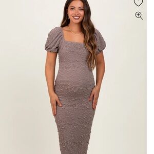 Grey Textured Square Neck Puff Sleeve Maternity Midi Dress